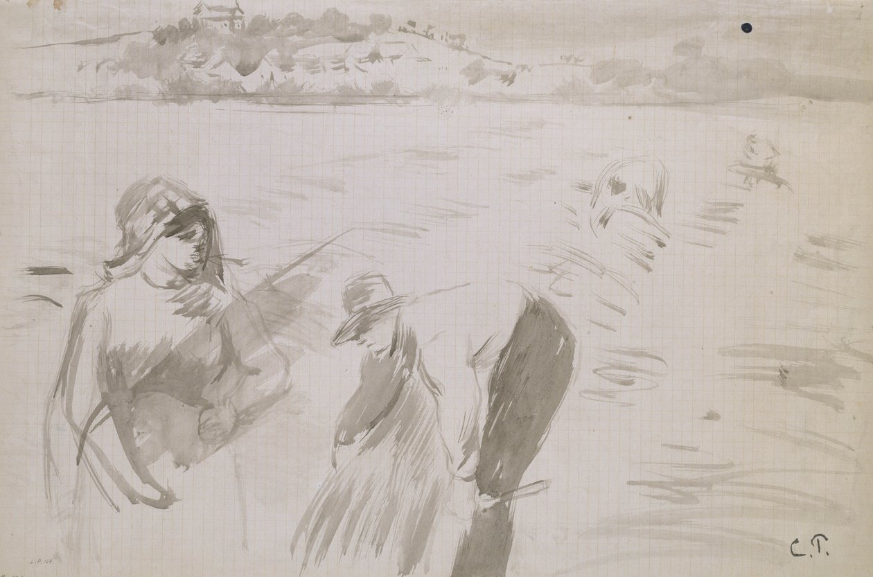 Studium harwesterów pracujących na polu w pobliżu Pontoise (szary wash z brązowym tuszem na papierze) autorstwa Camille Jacob Pissarro