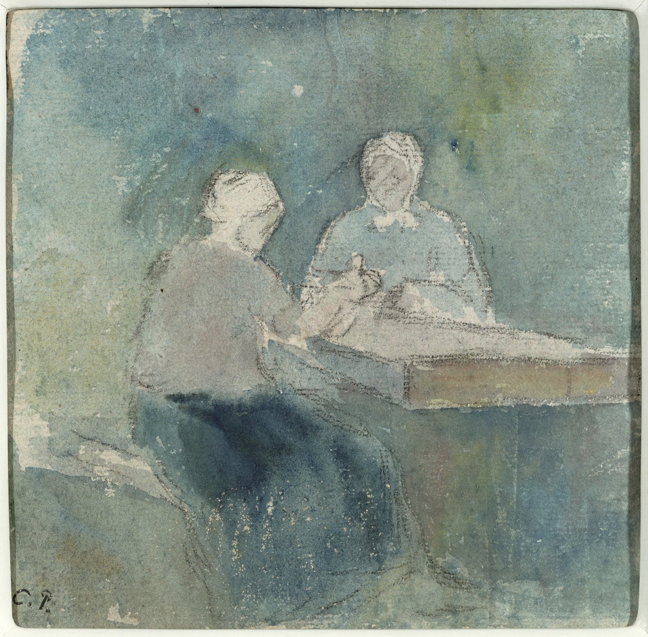 Dwóch chłopów przy stole, ok.1874 autorstwa Camille Jacob Pissarro