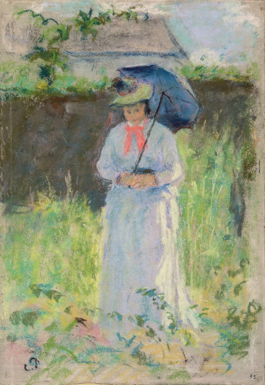 Kobieta z parasolką (pastel na papierze) autorstwa Camille Jacob Pissarro