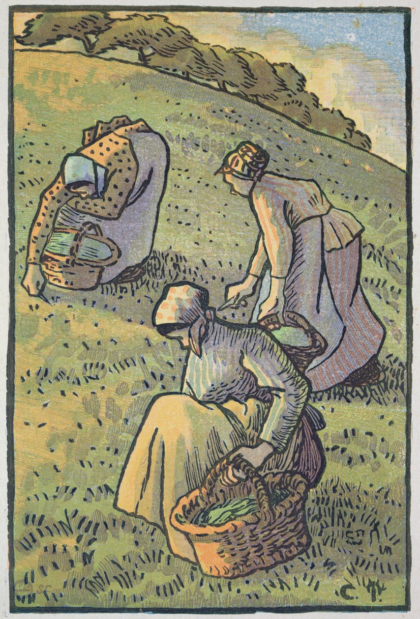 Kobiety zbierające grzyby, z „Travaux des Champs”, rytowane przez Luciena Pissarro (1863-1944) opublikowane w Londynie 1893 autorstwa Camille Jacob Pissarro