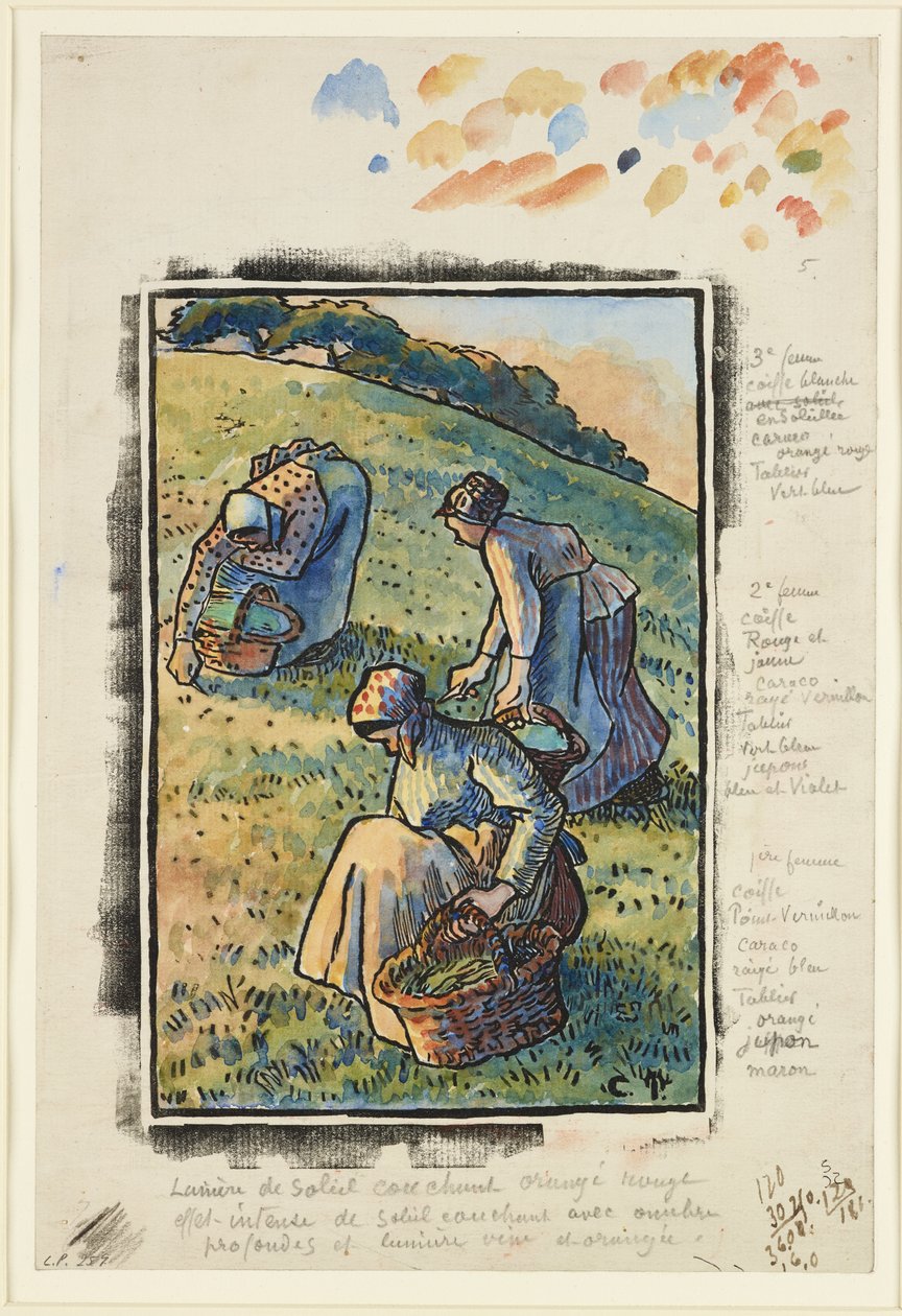 Kobiety pielące trawę (drzewryt i toaleta na papierze) autorstwa Camille Jacob Pissarro