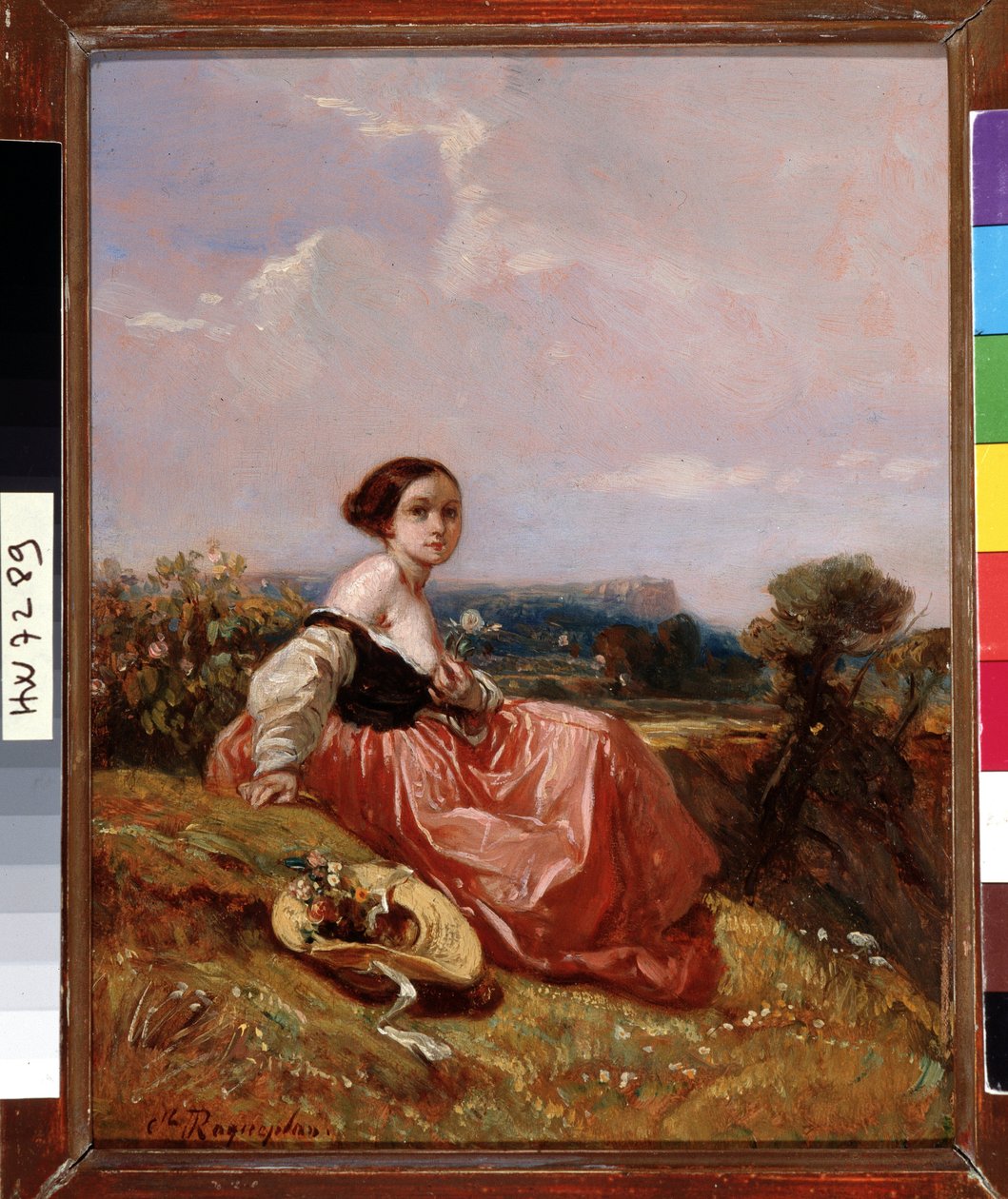 Młoda dziewczyna w kapeluszu przed Sainte Mountain Victoire Obraz Camille Roqueplan (1803-1855) Wym. 18x23 cm Obowiązkowa wzmianka: Kolekcja fundacja pozdrowienia z Prowansji, Marsylia autorstwa Camille Joseph Etienne Roqueplan