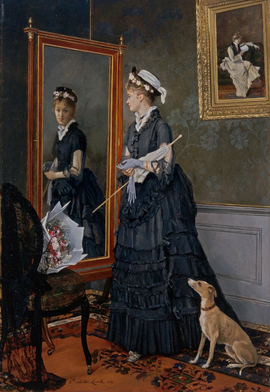 Elegancka kobieta, patrząc na siebie w lustrze autorstwa Camille Leopold Cabaillot Lasalle