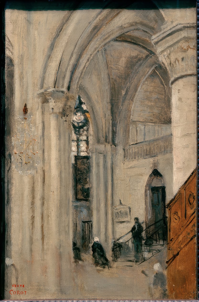 Mantes, wewnątrz kościoła autorstwa Jean Baptiste Camille Corot