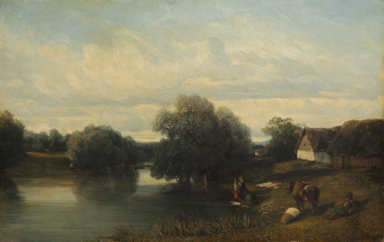 Domek nad rzeką z Praczkami, 1835 r. autorstwa Camille Flers