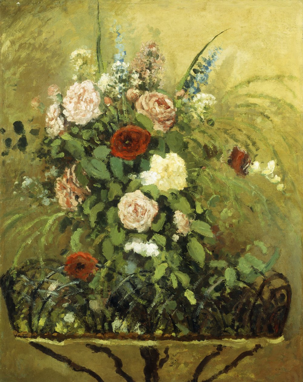 Bukiet Kwiatów z Rustykalnym Drewnianym Jardiniere; Bukiet kwiatów, z rustykalną drewnianą donicą, ok. 1876 r. autorstwa Camille Jacob Pissarro