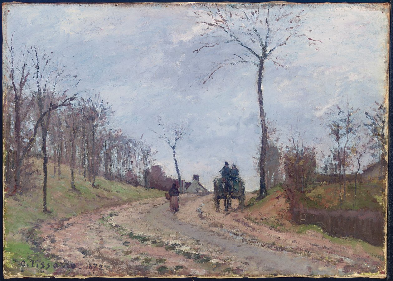 Przewóz po wiejskiej drodze, zima, przedmieścia Louveciennes, 1872 autorstwa Camille Jacob Pissarro