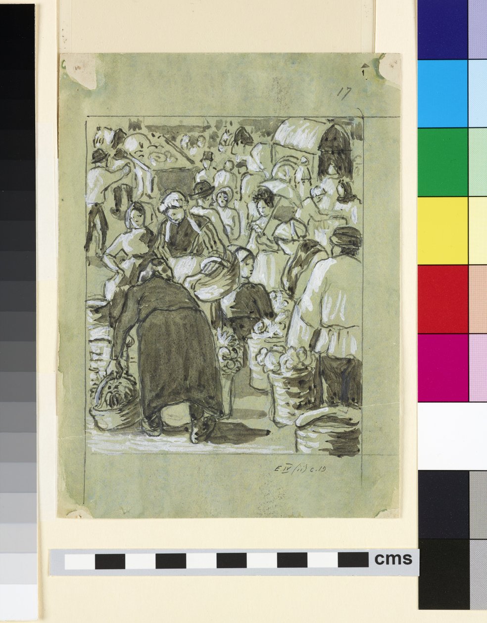 Studium składu rynku (szary wash z chińską bielą na papierze) autorstwa Camille Jacob Pissarro