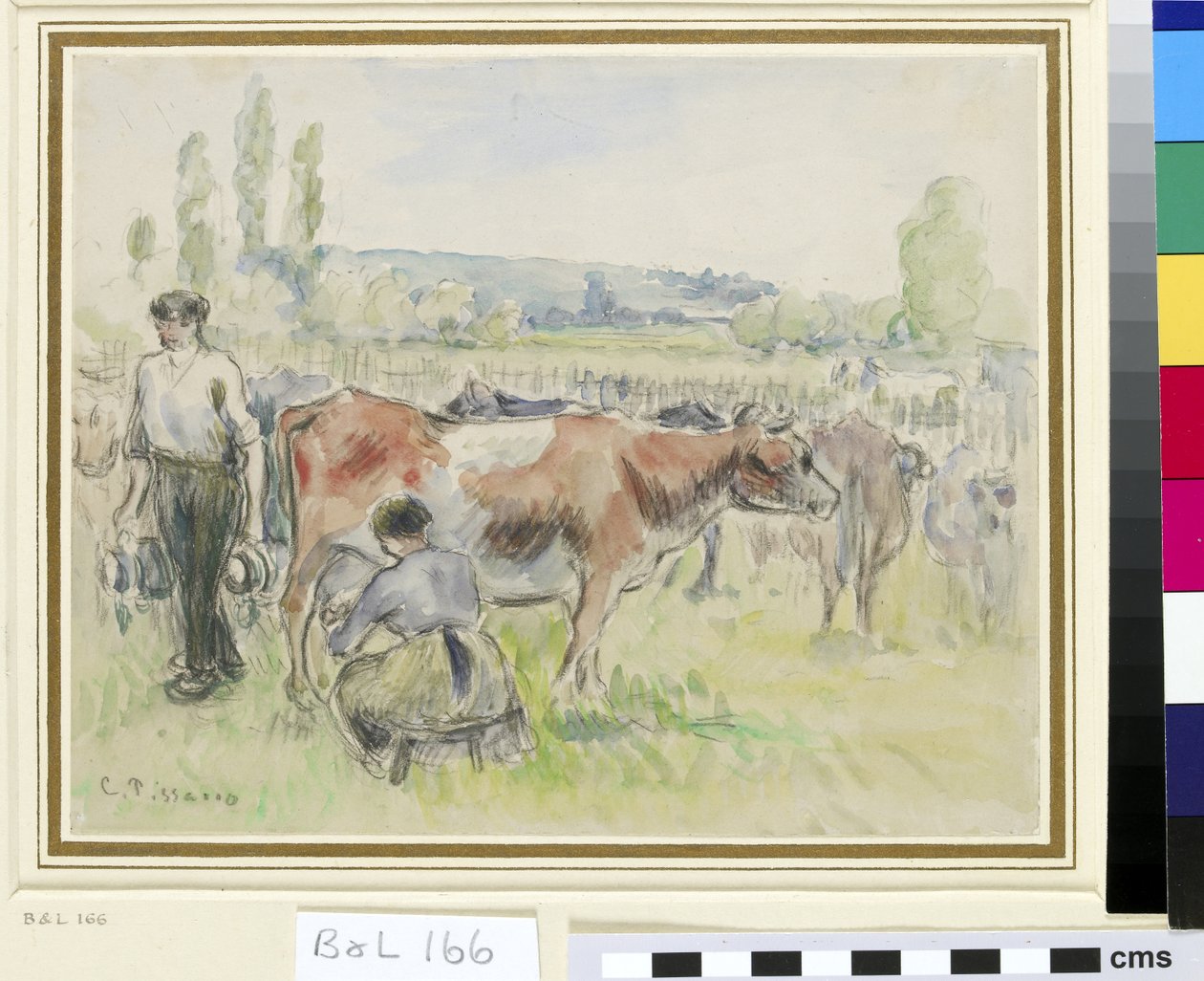 Studium kompozycyjne miejsca dojenia w Eragny-sur-Epte (wc na czarnej kredzie na papierze) autorstwa Camille Jacob Pissarro