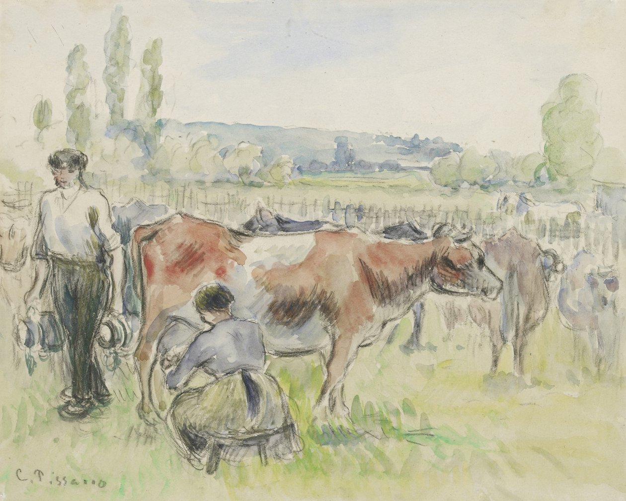 Studium kompozycyjne sceny dojenia w Eragny-sur-Epte, 1884 (akwarela na czarnej kredzie) autorstwa Camille Jacob Pissarro