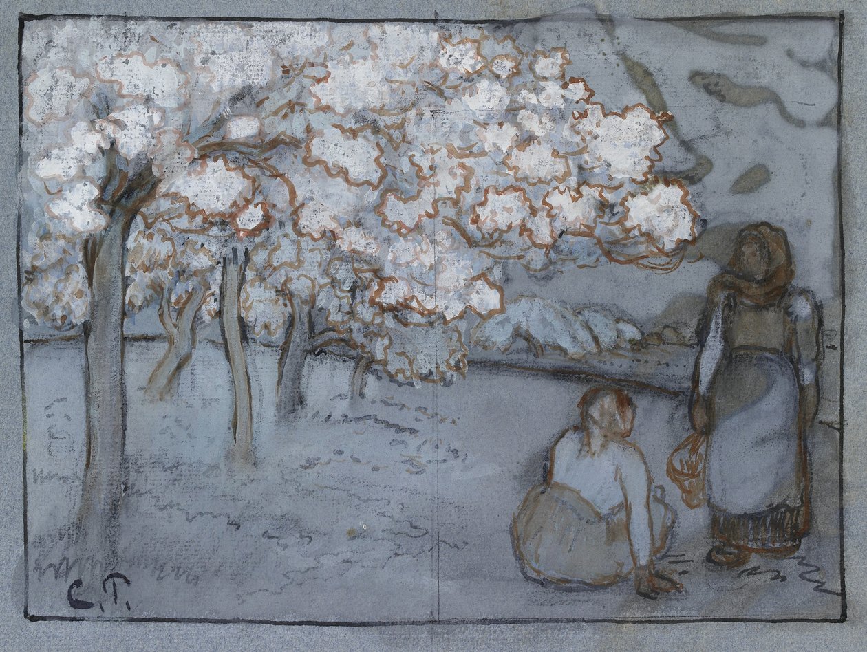 Studium kompozycyjne dwóch wieśniaczek rozmawiających w sadzie, 1894 (czerwono-brązowe i indyjskie tusze na węglu wzmocnione kolorem ciała na niebieskim papierze) autorstwa Camille Jacob Pissarro