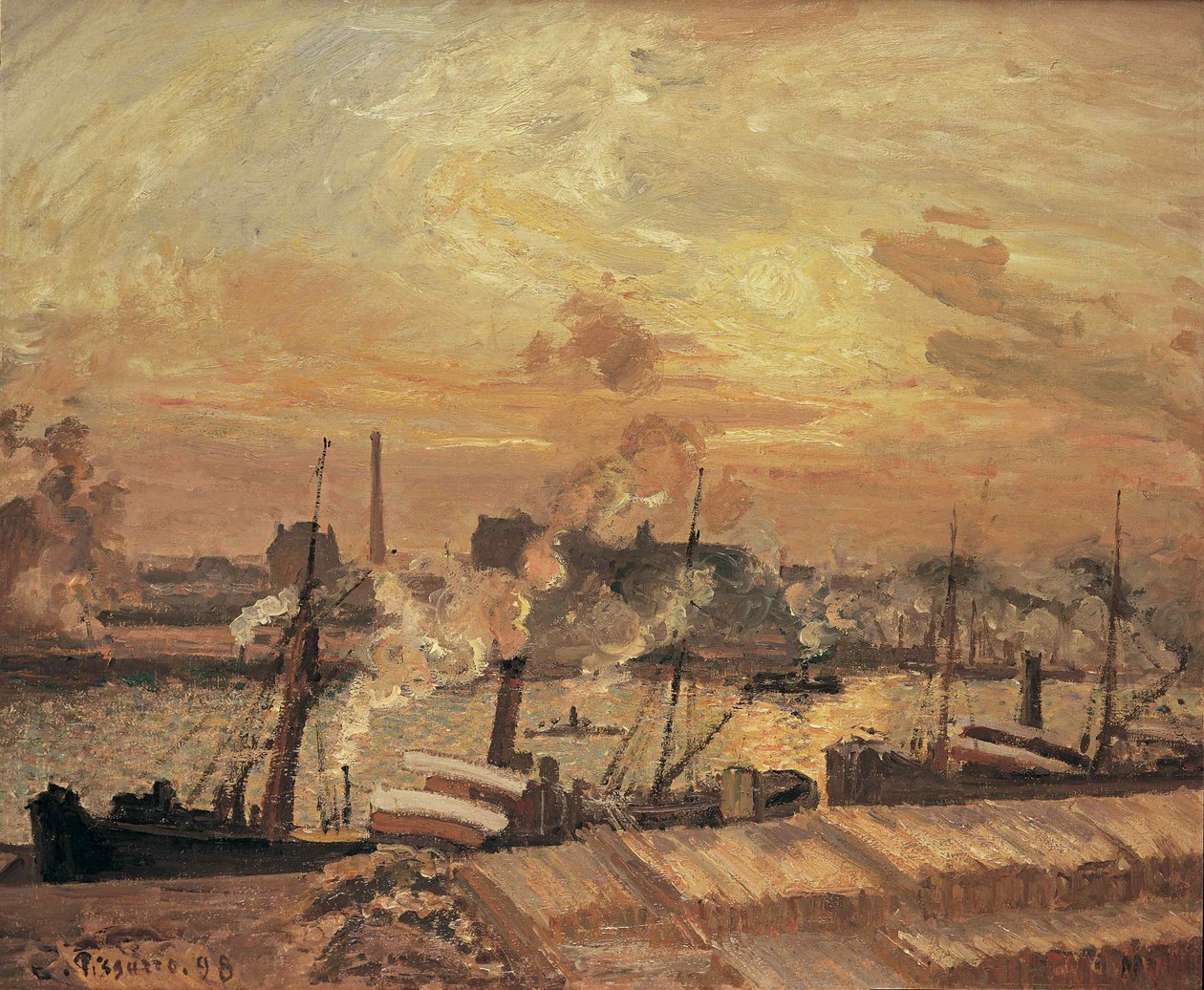Rozładunek drewna, Quai de la Bourse, zachód słońca, 1898. autorstwa Camille Jacob Pissarro