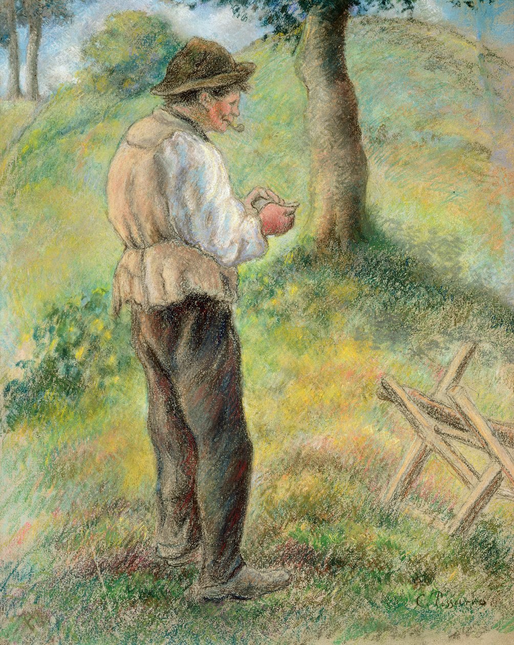Ojciec Melon zapalający fajkę, ok.1879 autorstwa Camille Jacob Pissarro