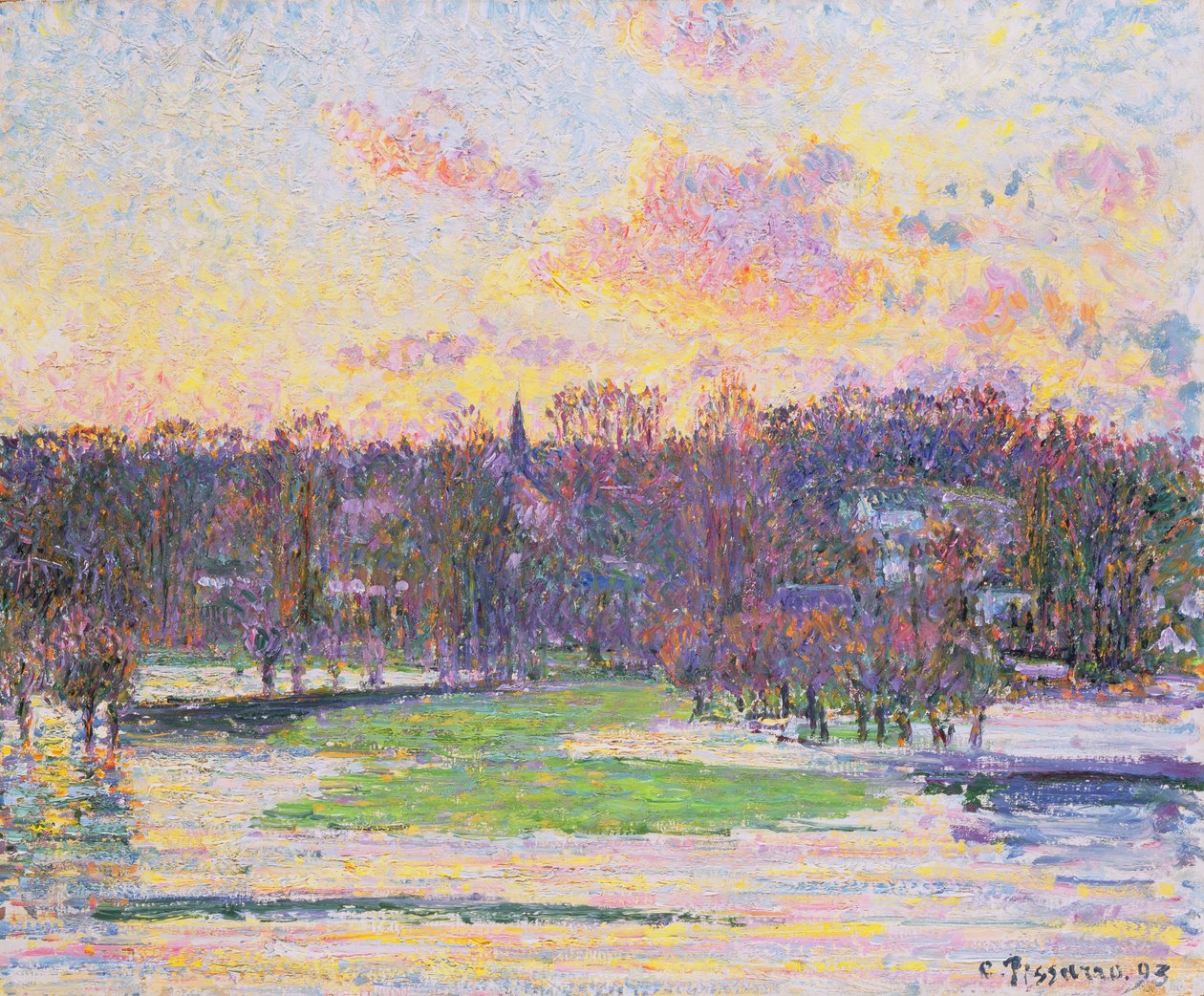 Zalany zachód słońca autorstwa Camille Jacob Pissarro