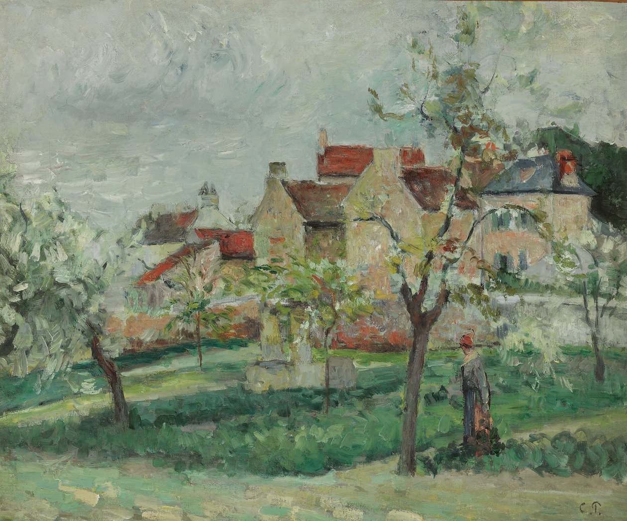 Kwitnąca śliwkowa warkocz, Pontoise; Kwitnące śliwki, Pontoise, ok. 1876 r. autorstwa Camille Jacob Pissarro