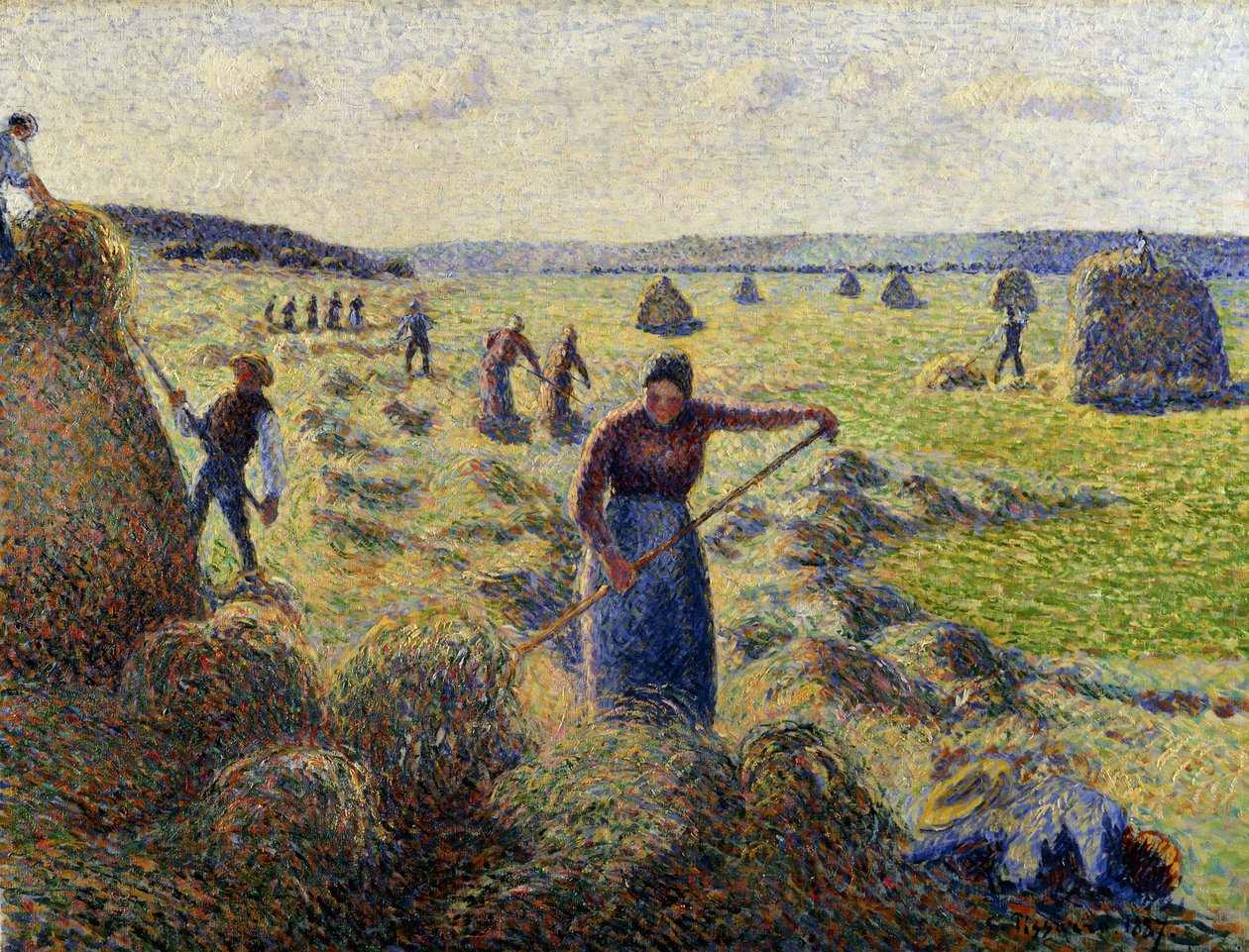 Zbiór siana, Eragny; Żniwa siana, Eragny, ok. 1887 r. autorstwa Camille Jacob Pissarro