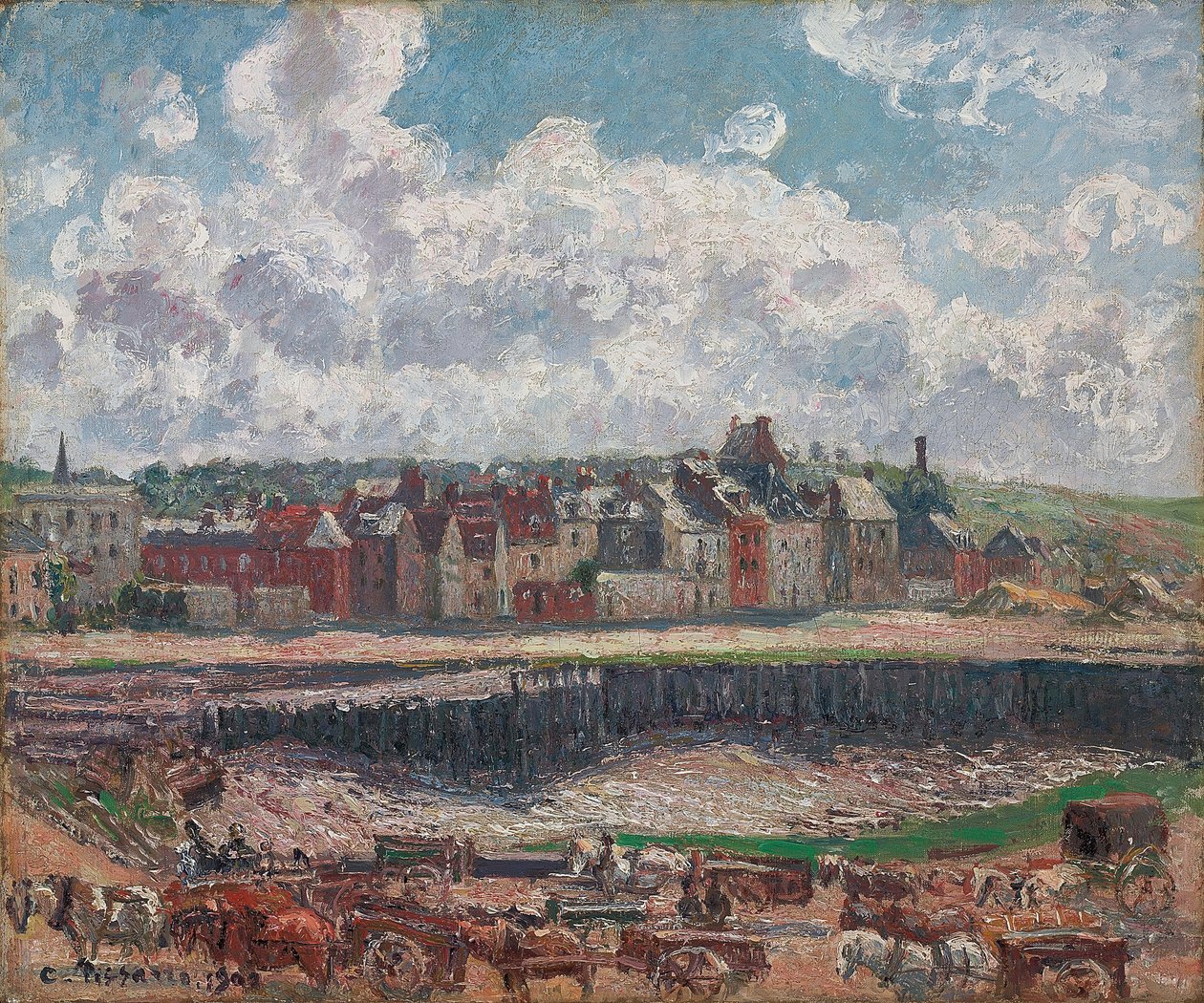 Konie i wozy przed portem rybackim w Dieppe podczas odpływu; Konie i wozy przed dokiem rybackim, Dieppe, odpływ, 1902 autorstwa Camille Jacob Pissarro