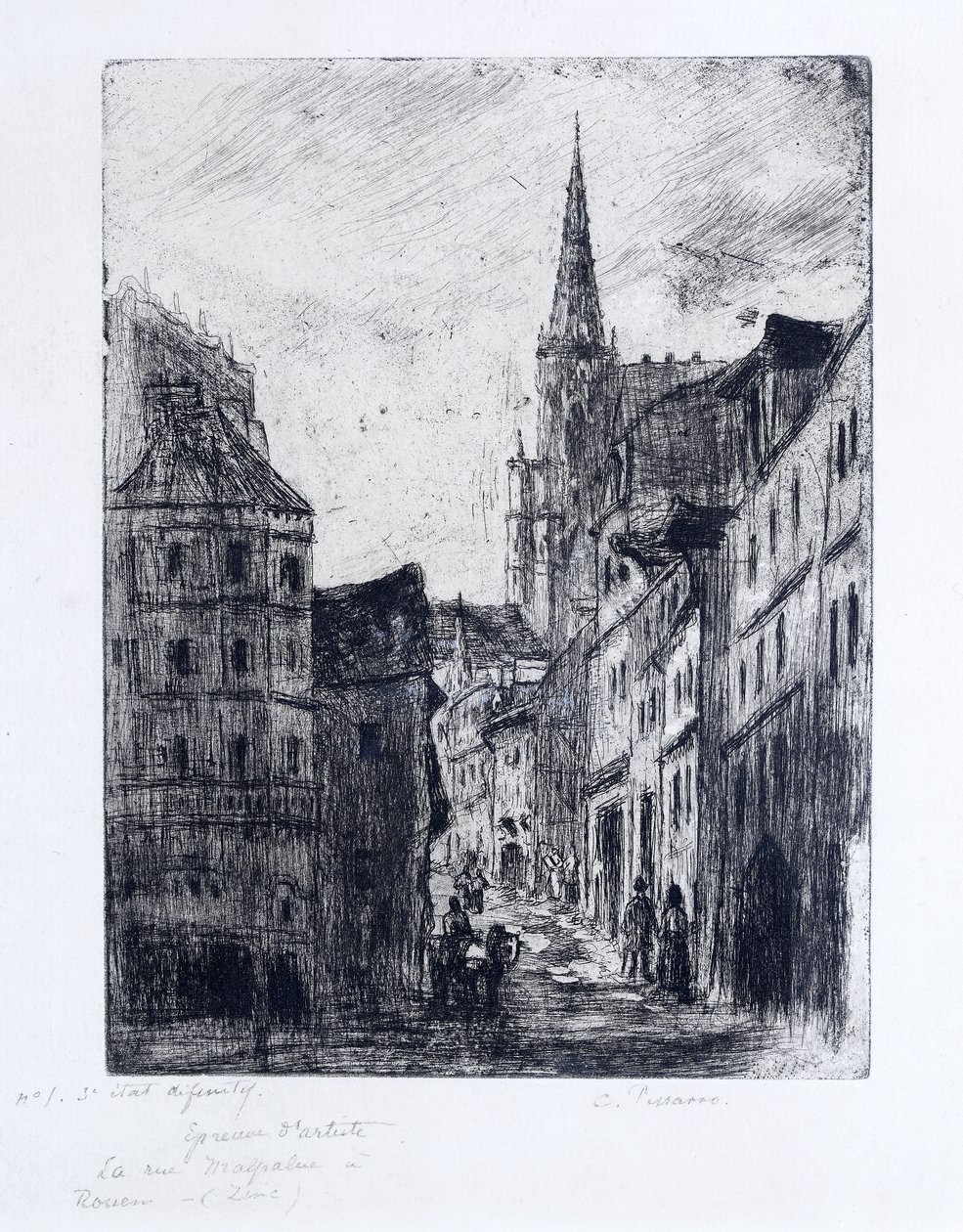 Rue Malpalue w Rouen, ok. 1885 r. autorstwa Camille Jacob Pissarro