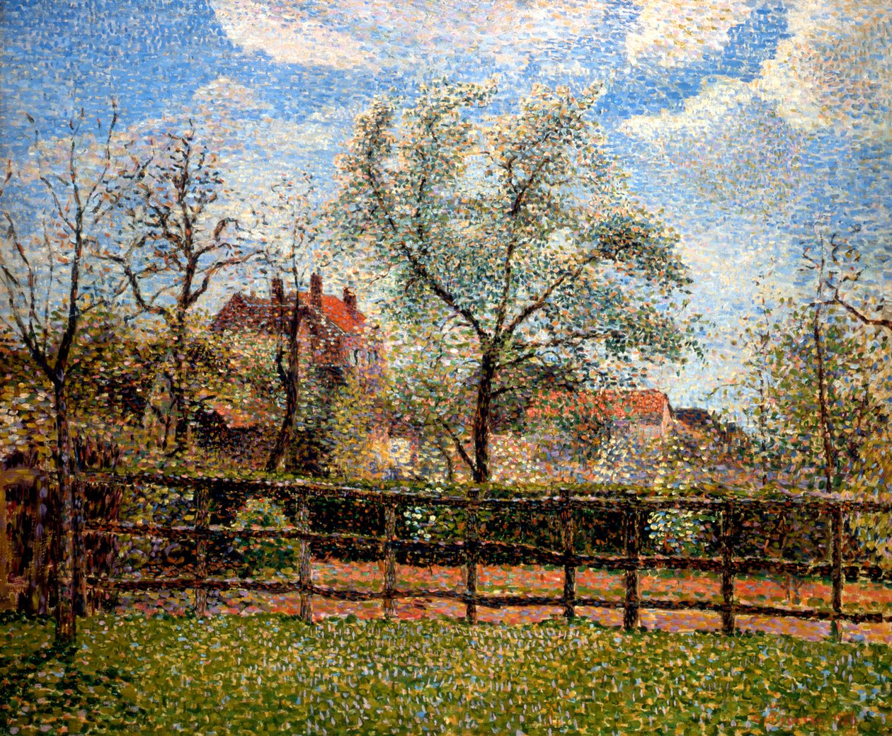 Grusze i kwiaty w Eragny, rano, 1886 autorstwa Camille Jacob Pissarro