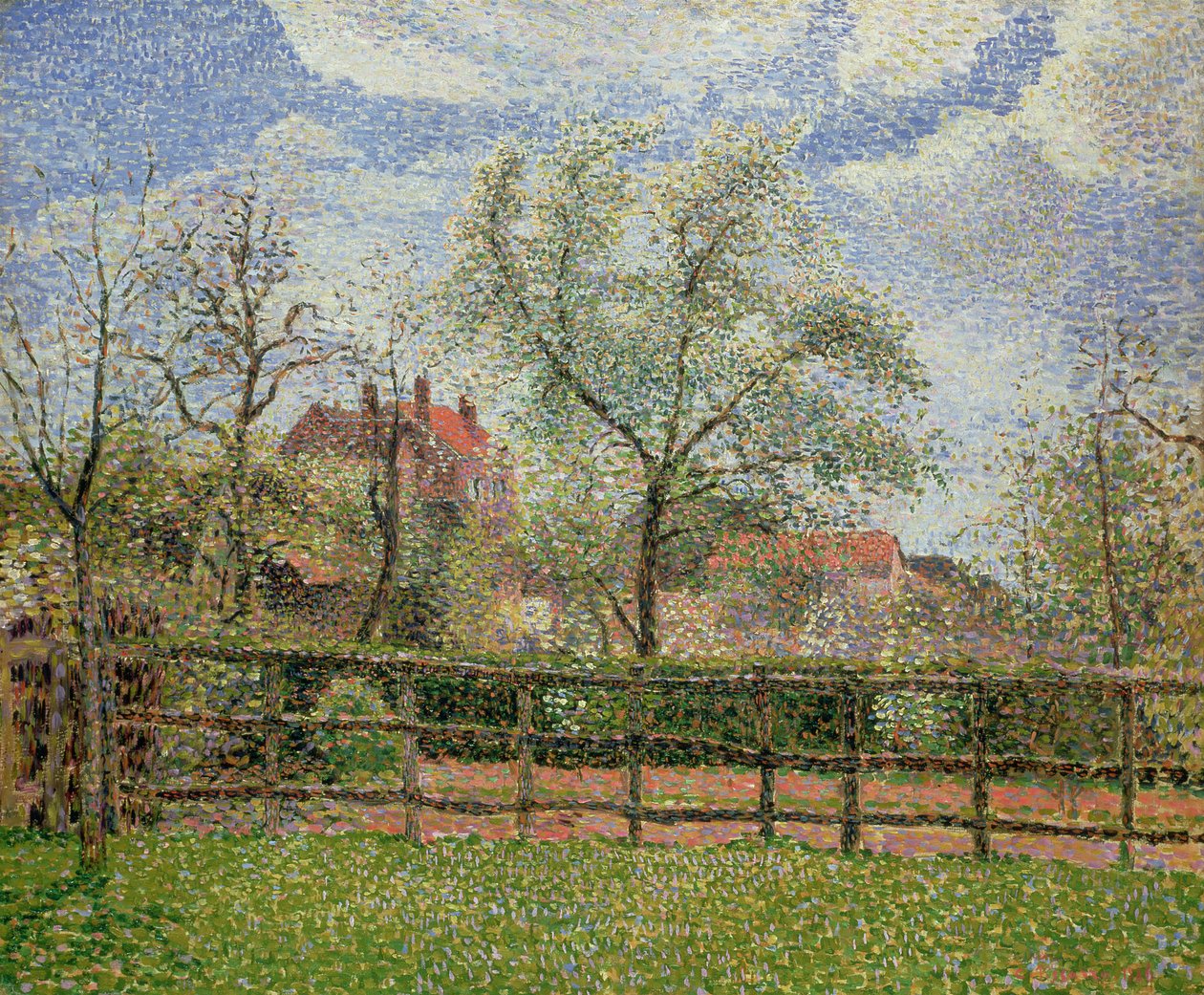 Grusze i kwiaty w Eragny, rano, 1886 autorstwa Camille Jacob Pissarro