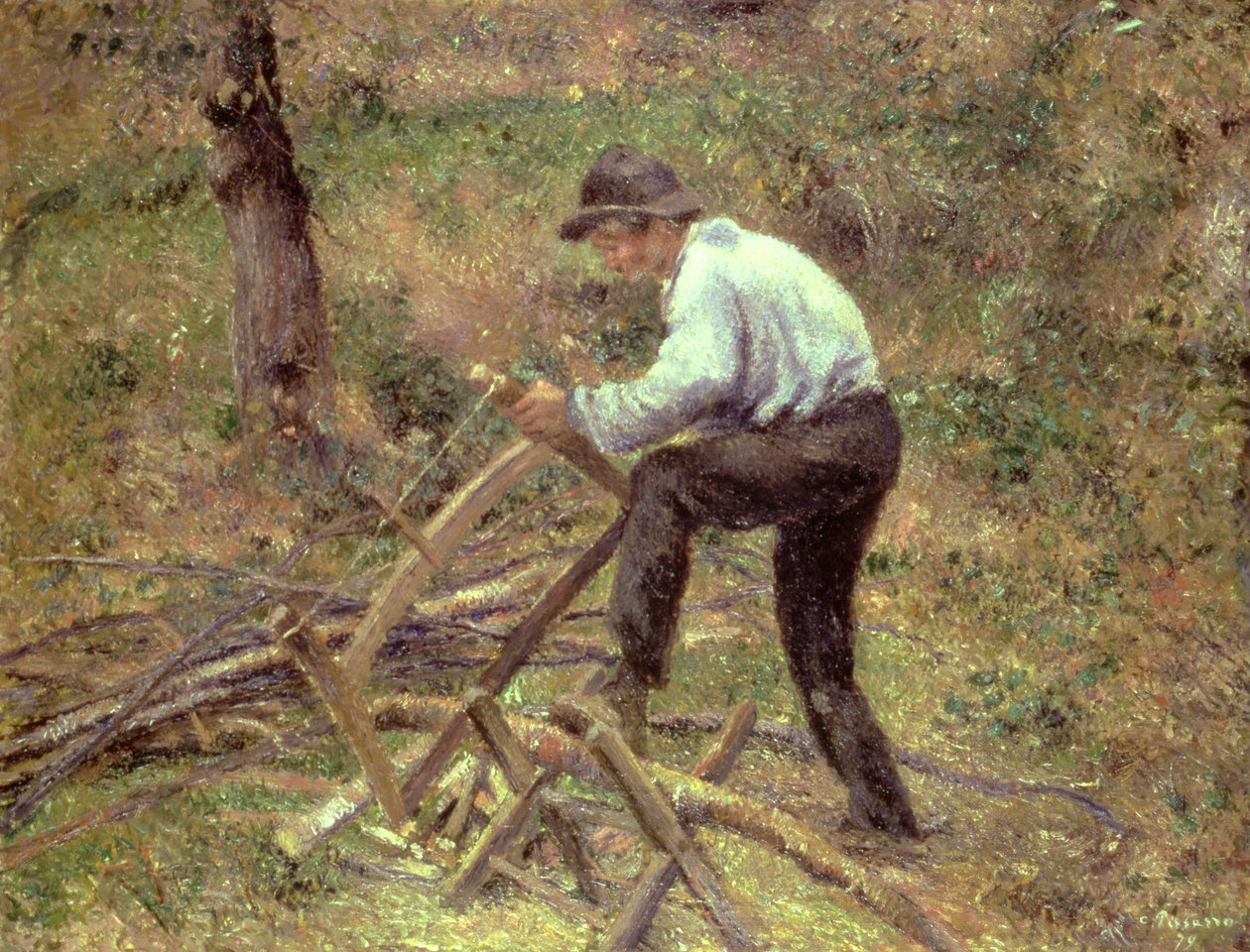 Piłowanie drewna Pere Melon, Pontoise, 1879 autorstwa Camille Jacob Pissarro