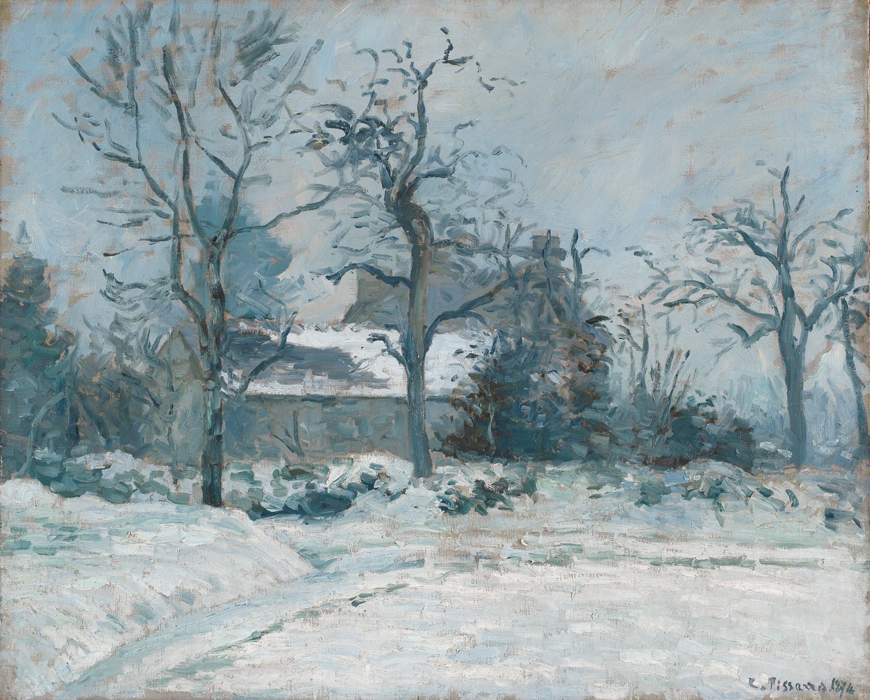 Dom Piette w Montfoucault, efekt śniegu, 1874 autorstwa Camille Jacob Pissarro