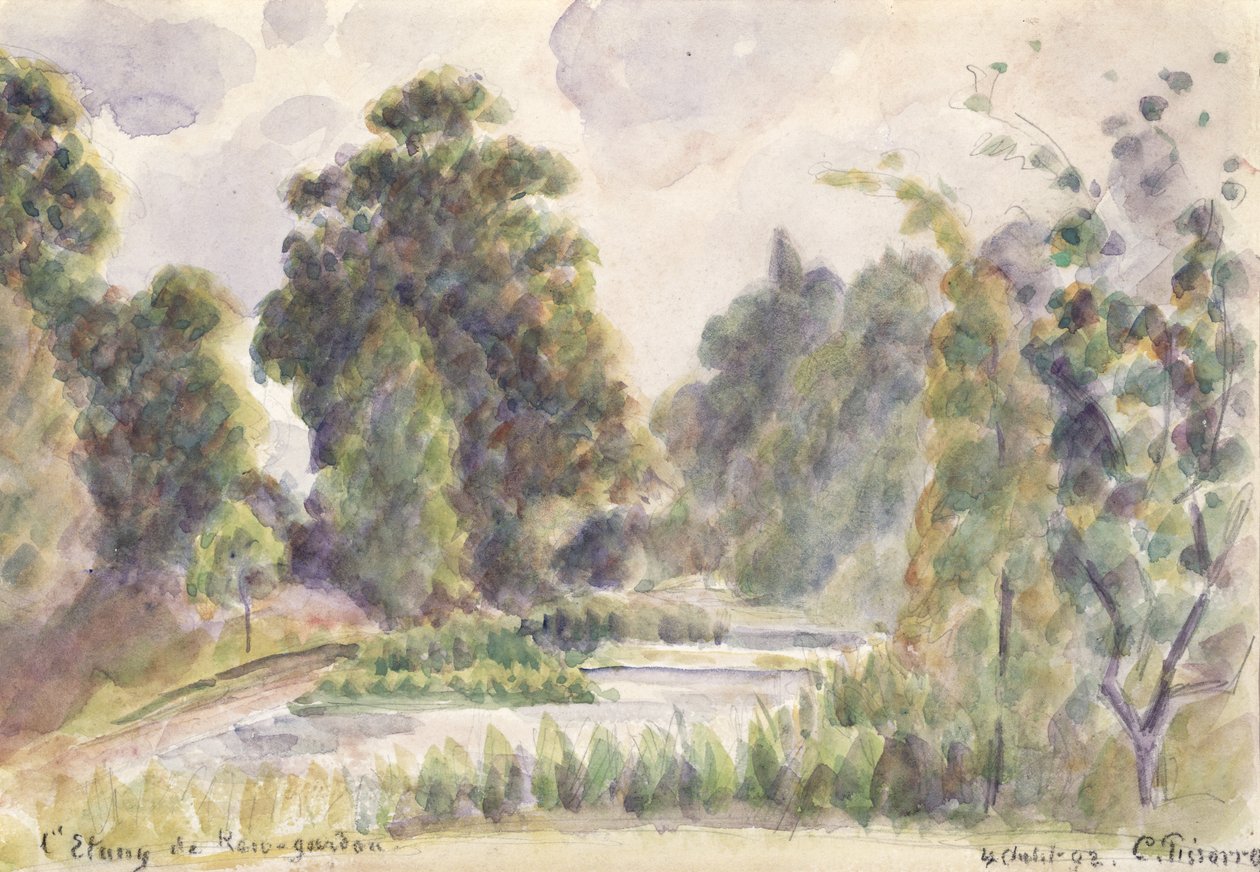 Pond at Kew Gardens, 1892 (wc nad grafitowym ołówkiem na papierze wykładanym) autorstwa Camille Jacob Pissarro
