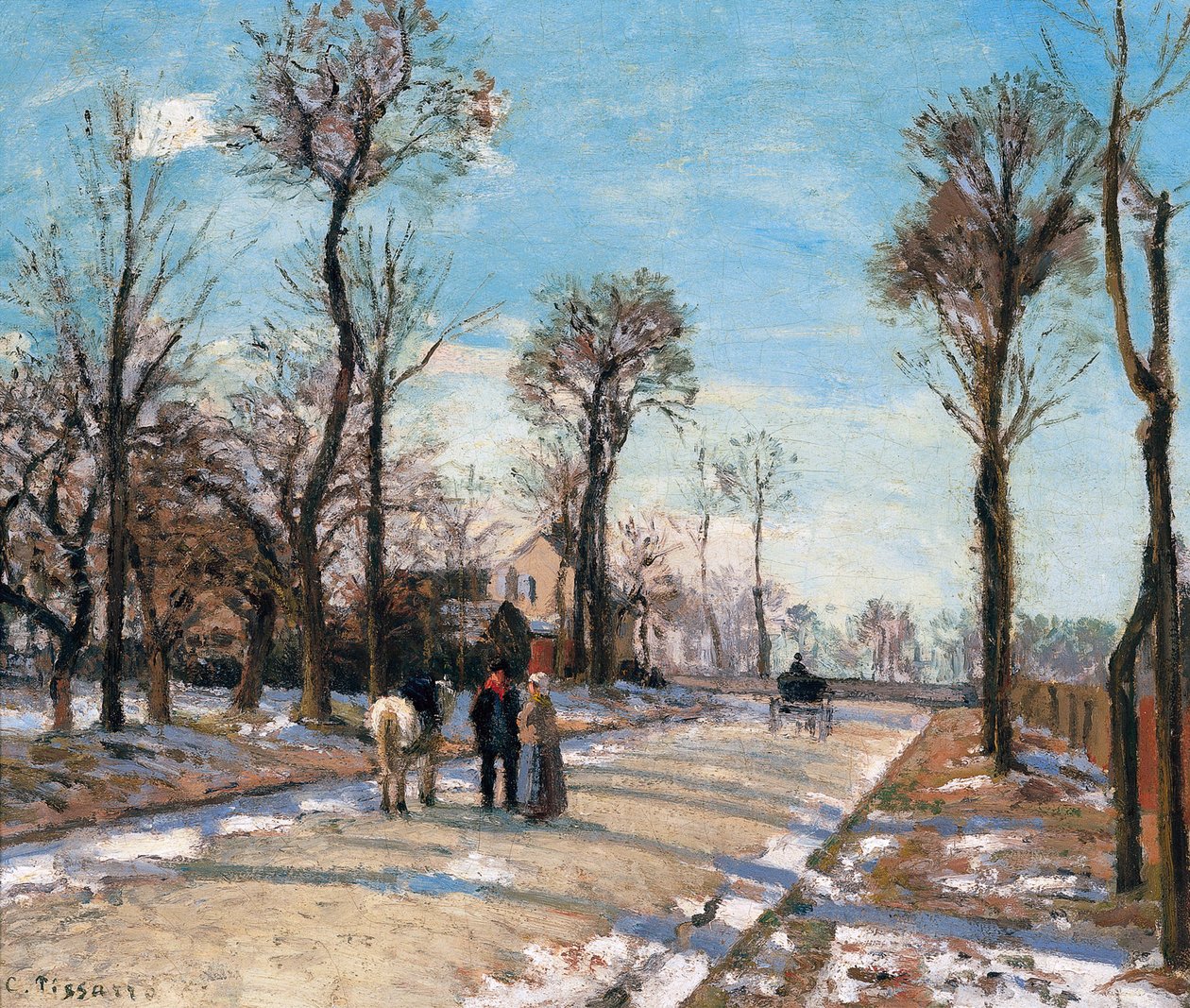 Droga do Wersalu, Louveciennes, Zimowe Słońce i Śnieg, ok. godz. 1870 autorstwa Camille Jacob Pissarro