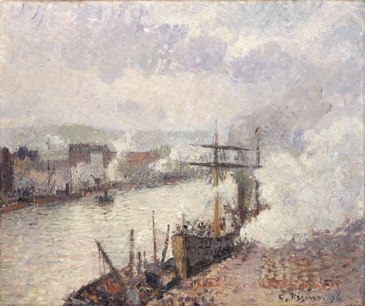 Parowce w porcie w Rouen, 1896 r. autorstwa Camille Jacob Pissarro