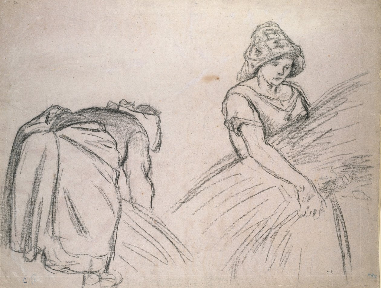 Studium dwóch kobiet żniwiarek, 1882 (czarna kreda na różowym papierze z dodatkiem bieli) autorstwa Camille Jacob Pissarro