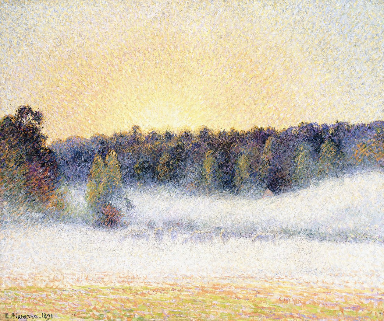 Zachód słońca i mgła w Eragny, 1891 autorstwa Camille Jacob Pissarro