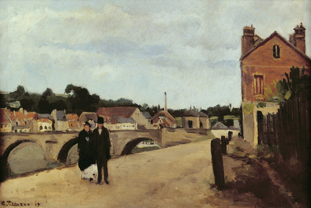 Chemin de lEcluse i most Pontoise, 1867 (olej na płótnie zamontowany na panelu) autorstwa Camille Jacob Pissarro