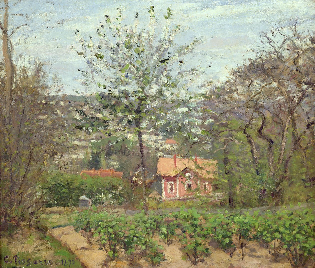 Chata, czyli Różowy Dom – Przysiółek Latającego Serca, 1870 autorstwa Camille Jacob Pissarro