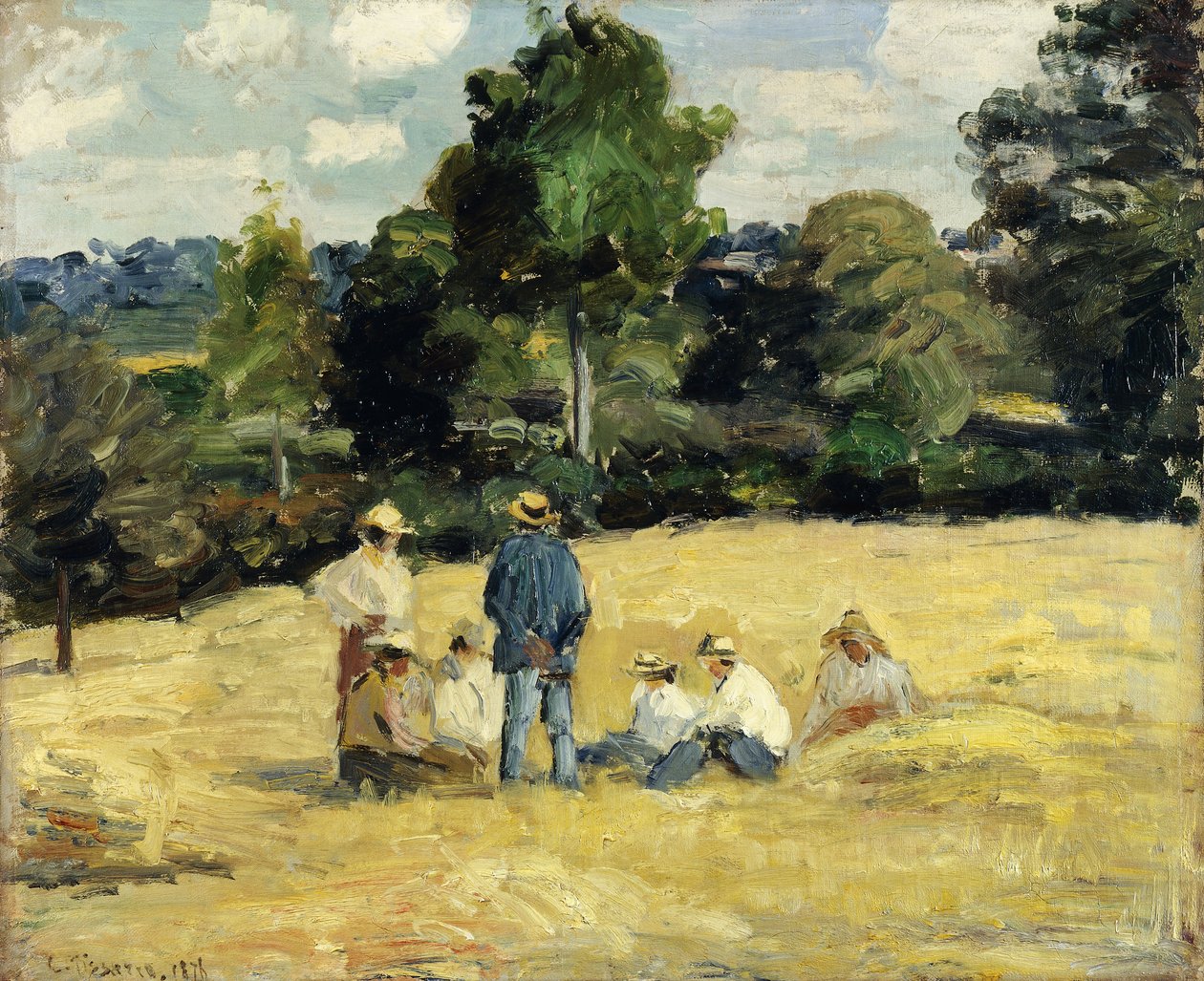 Reszta żniwiarzy, Montfoucault; Odpoczynek Żniwiarzy, Montfoucault, 1875 autorstwa Camille Jacob Pissarro