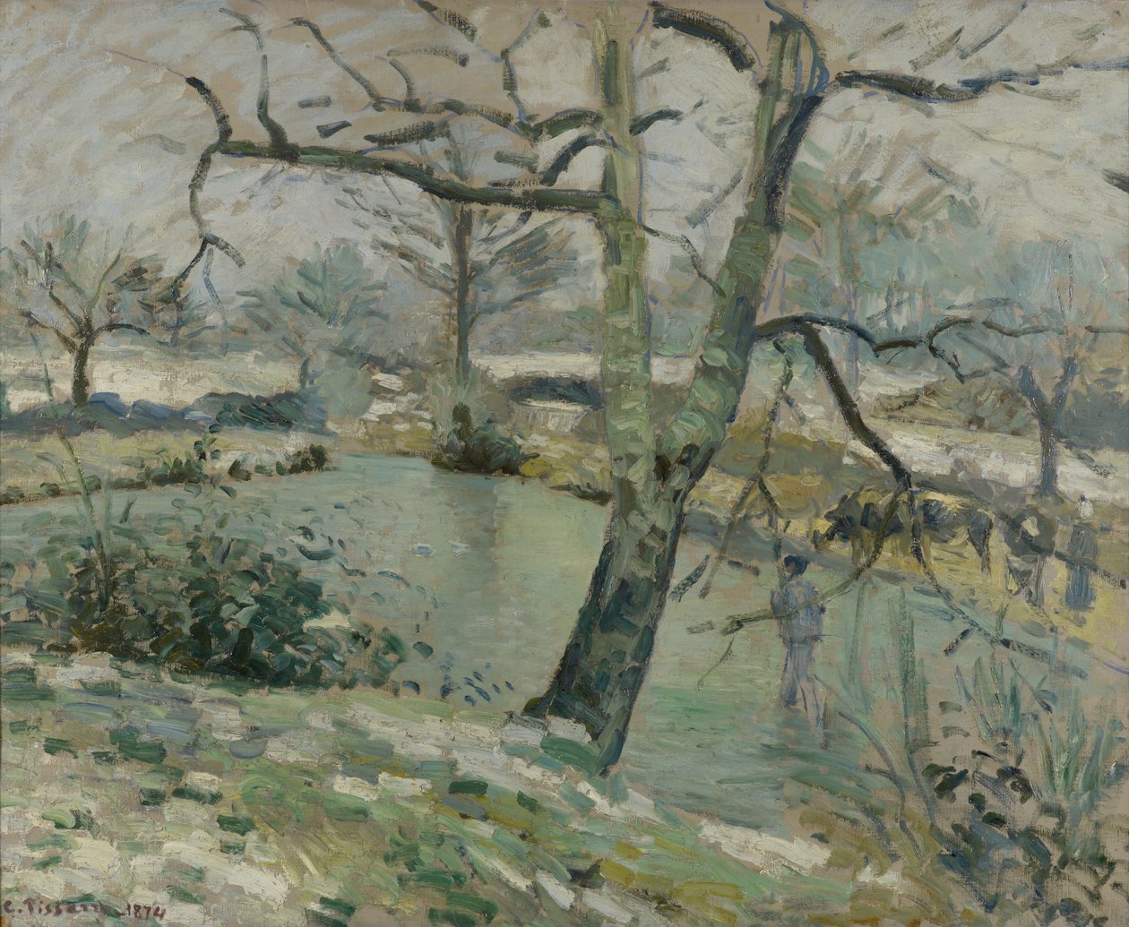 Staw w Montfoucault, efekt zimy, 1874 autorstwa Camille Jacob Pissarro