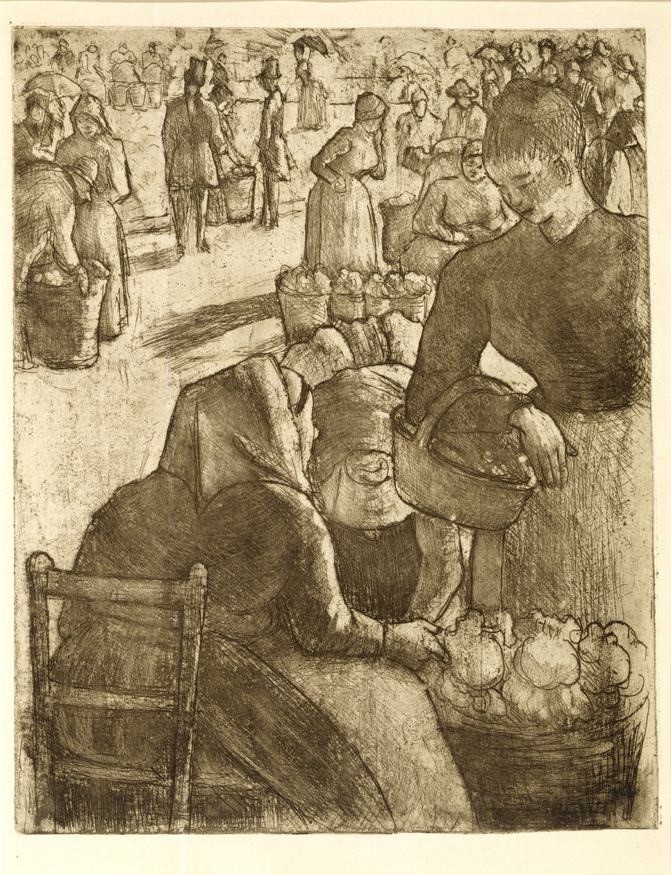 Targ warzywny w Pontoise, 1891 (akwaforta i akwatinta na miękkim podłożu) autorstwa Camille Jacob Pissarro
