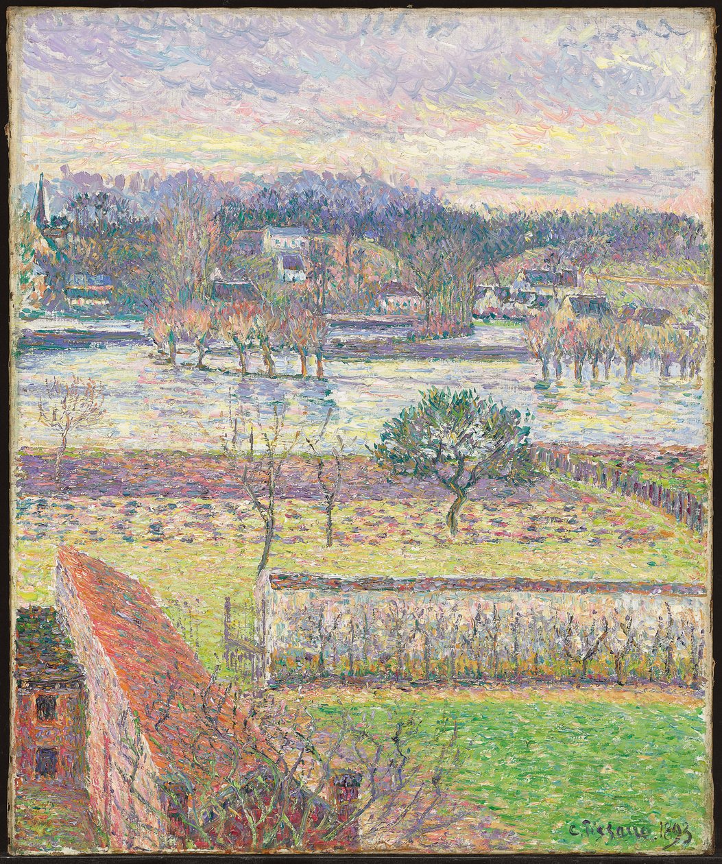 Widok z mojego Okna, Powódź, Wieczór, Eragny; Widok z mojego okna, powódź, efekt wieczorny, Eragny, 1893 autorstwa Camille Jacob Pissarro