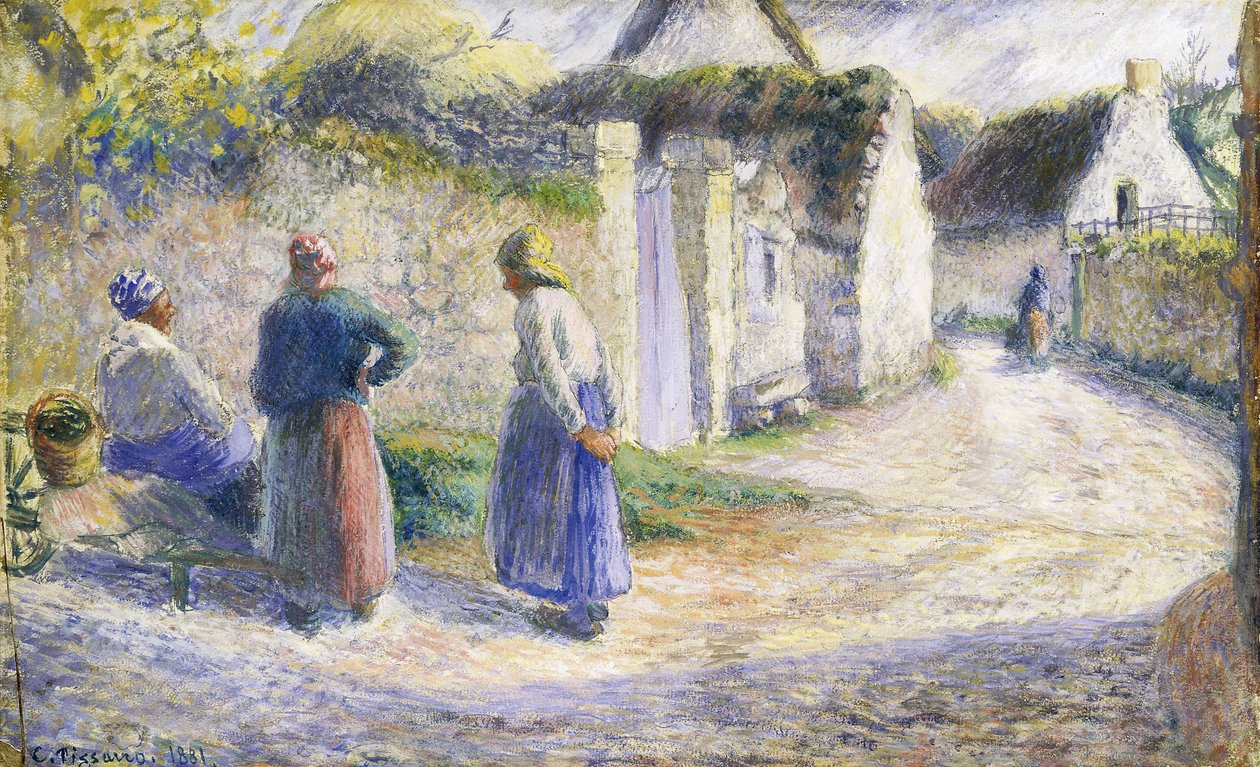 Wiejska ulica z trzema osobami po prawej stronie autorstwa Camille Jacob Pissarro