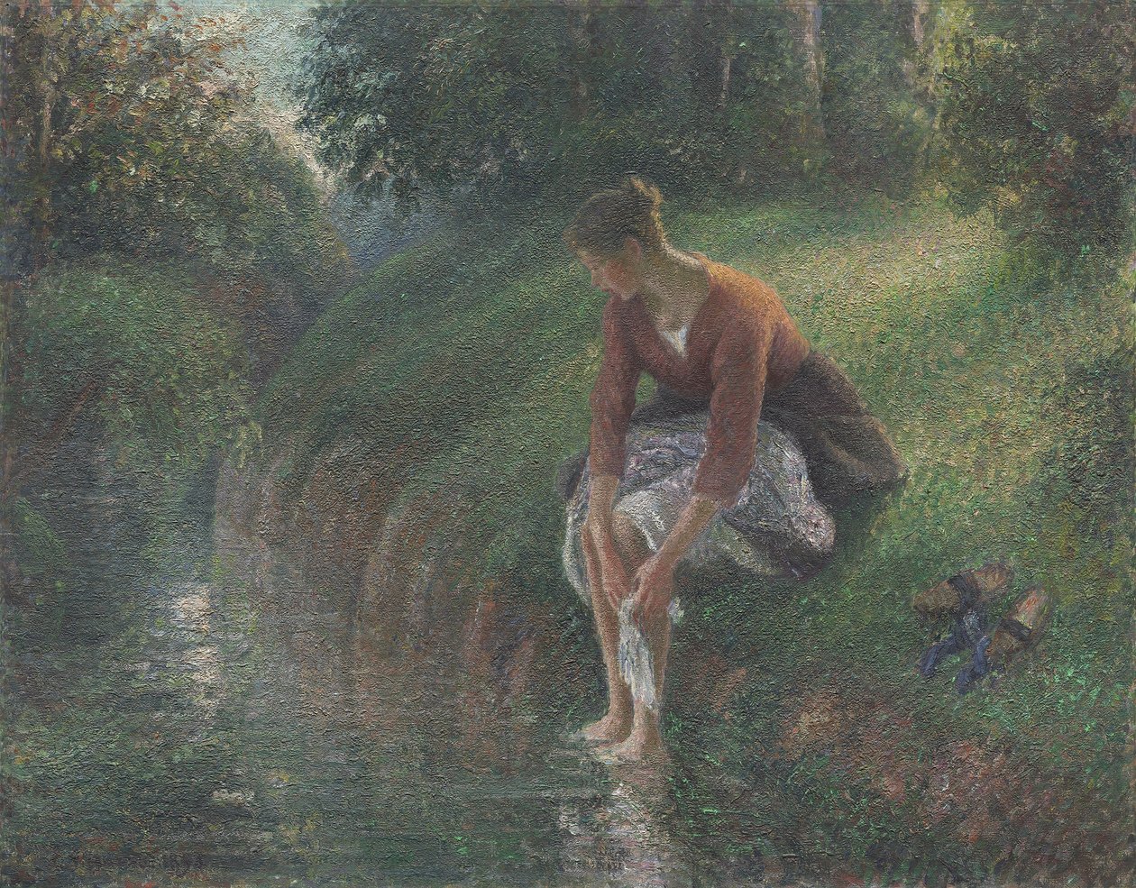 Kobieta kąpiąca stopy w potoku, 1894-95 autorstwa Camille Jacob Pissarro