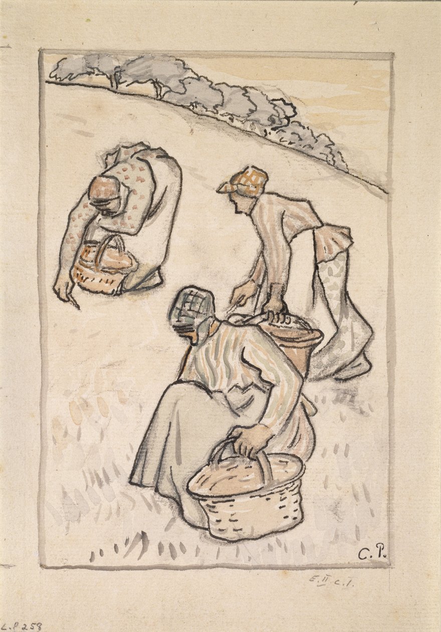 Kobiety pielące trawę (pióro i tusz indyjski z wc na papierze) autorstwa Camille Jacob Pissarro