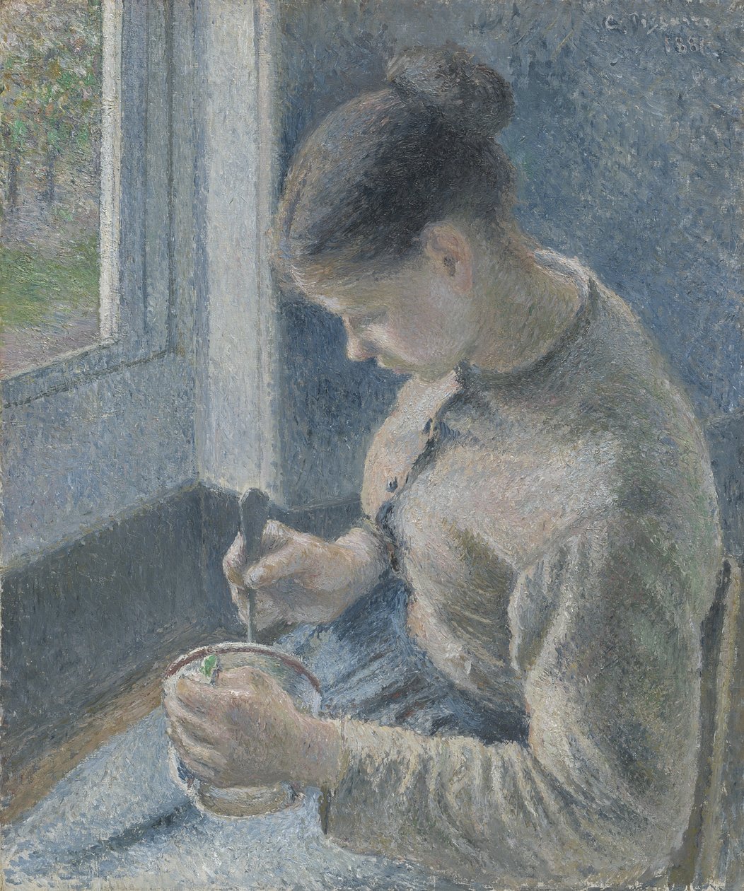 Młoda chłopka pijąca kawę, 1881 r. autorstwa Camille Jacob Pissarro