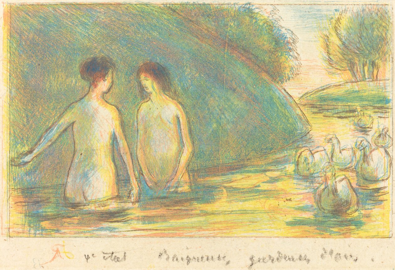 Kąpiący się, gęsi (kąpiący się z gęsiami) autorstwa Camille Pissarro