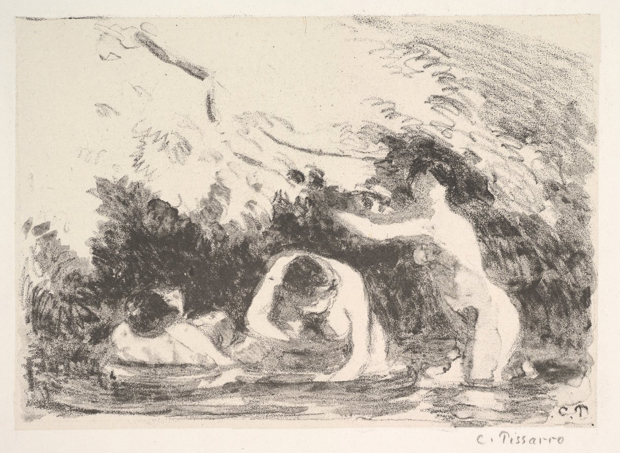 Kąpiący się w cieniu zalesionych brzegów, 1894. autorstwa Camille Jacob Pissarro
