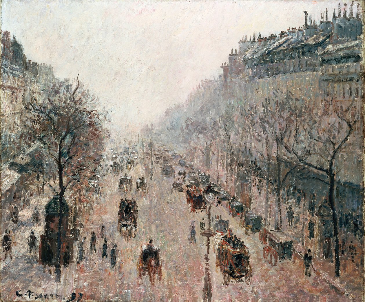 Boulevard Montmartre w mglisty słoneczny poranek, 1897 autorstwa Camille Jacob Pissarro