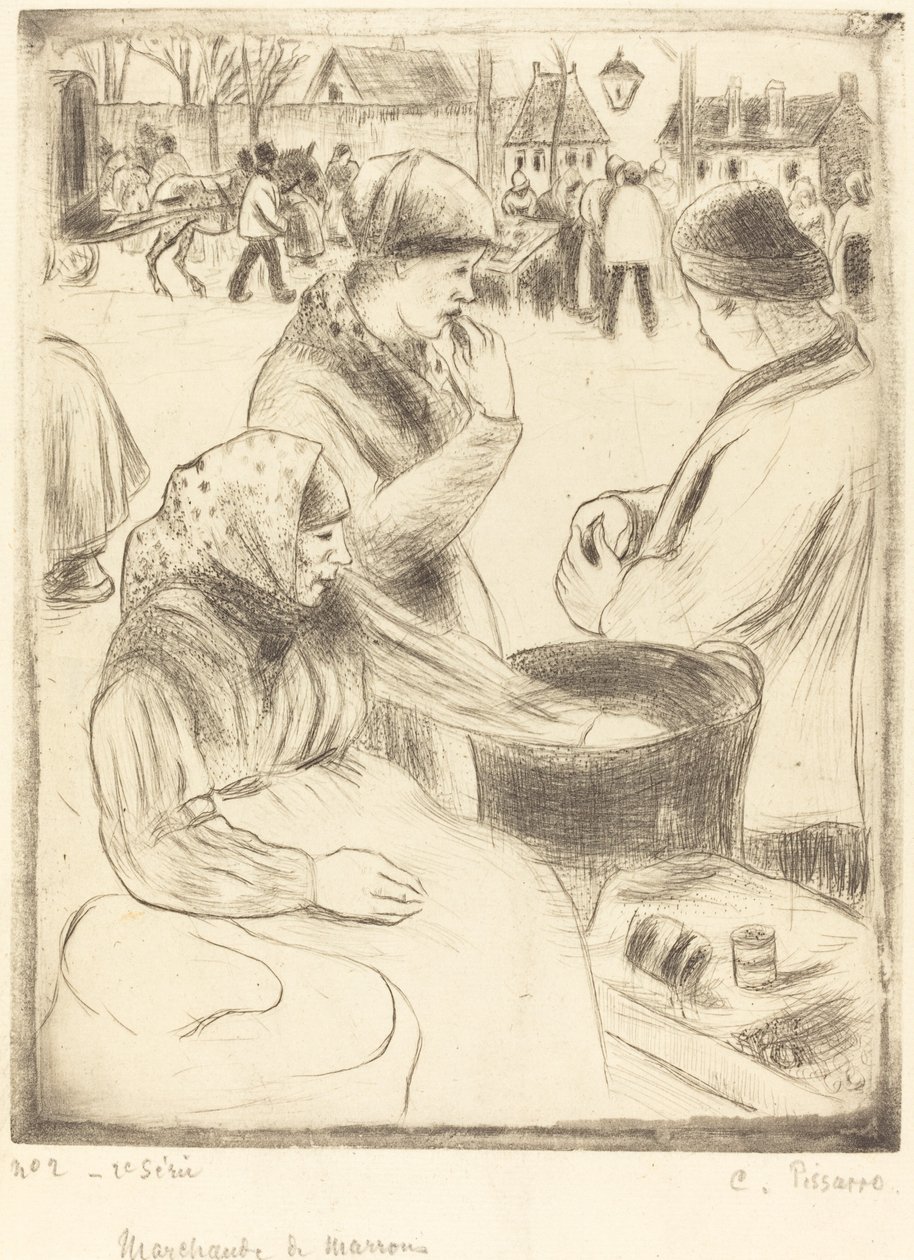 Sprzedawcy kasztanów Sprzedawcy kasztanów, 1878. autorstwa Camille Pissarro