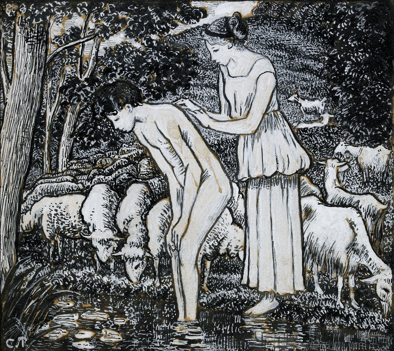 Chloë myjąca Daphnis w strumieniu, studium kompozycyjne dla ilustracji, ok. 1895 r. autorstwa Camille Pissarro