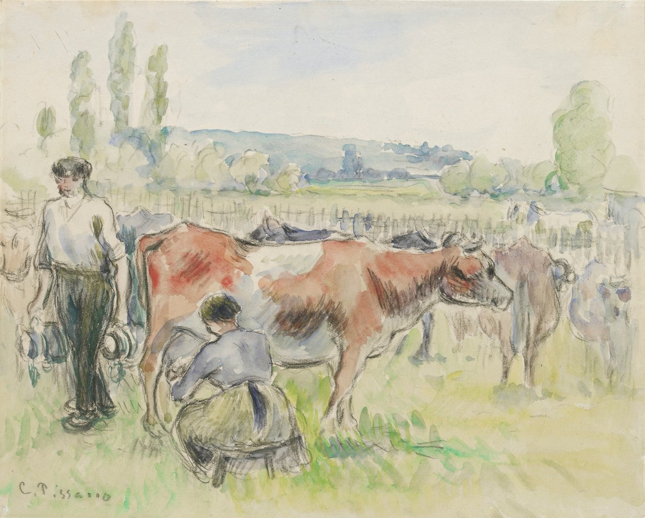 Studium kompozycyjne sceny dojenia w Eragny-sur-Epte, 1884 autorstwa Camille Pissarro