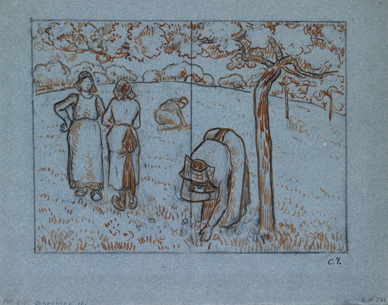 Studium kompozycyjne czterech chłopek pracujących w sadzie „Wiosna”, ok. 1894 r. autorstwa Camille Pissarro