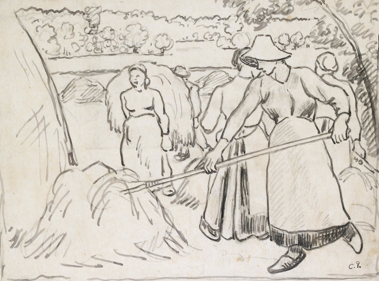 Studium kompozycyjne żniwiarzy w krajobrazie, ok. 1893 r. autorstwa Camille Pissarro