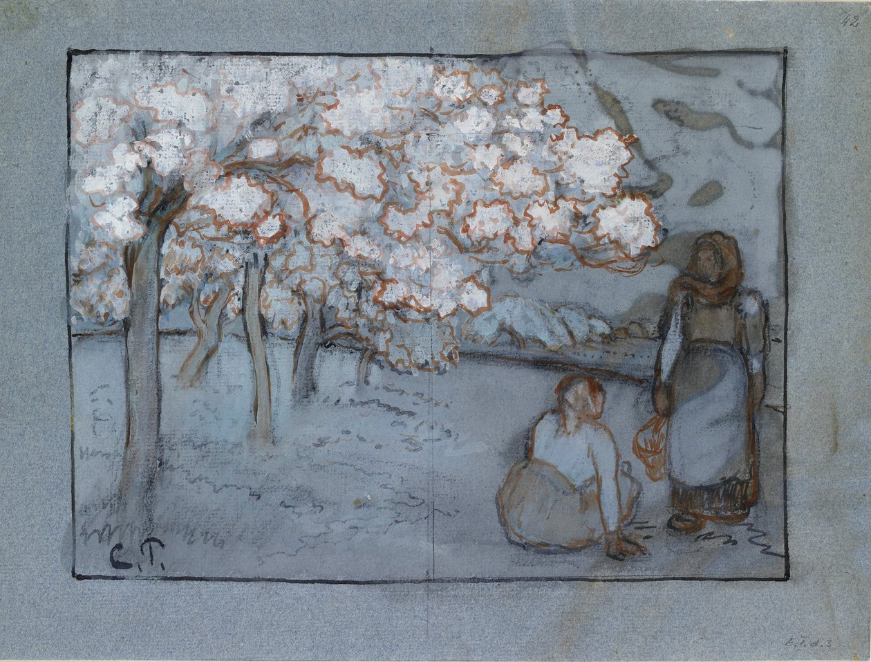 Studium kompozycyjne dwóch wieśniaczek rozmawiających w sadzie, ok. 1894 r. autorstwa Camille Pissarro